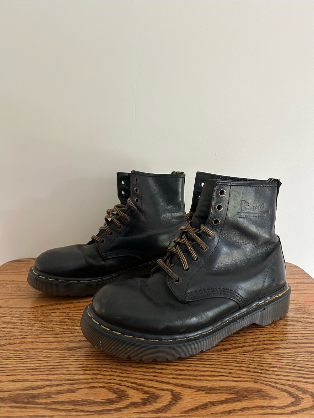 Vintage Dr Martens Heat Stamped Black Leather 8 Eye Boots, Made in England
